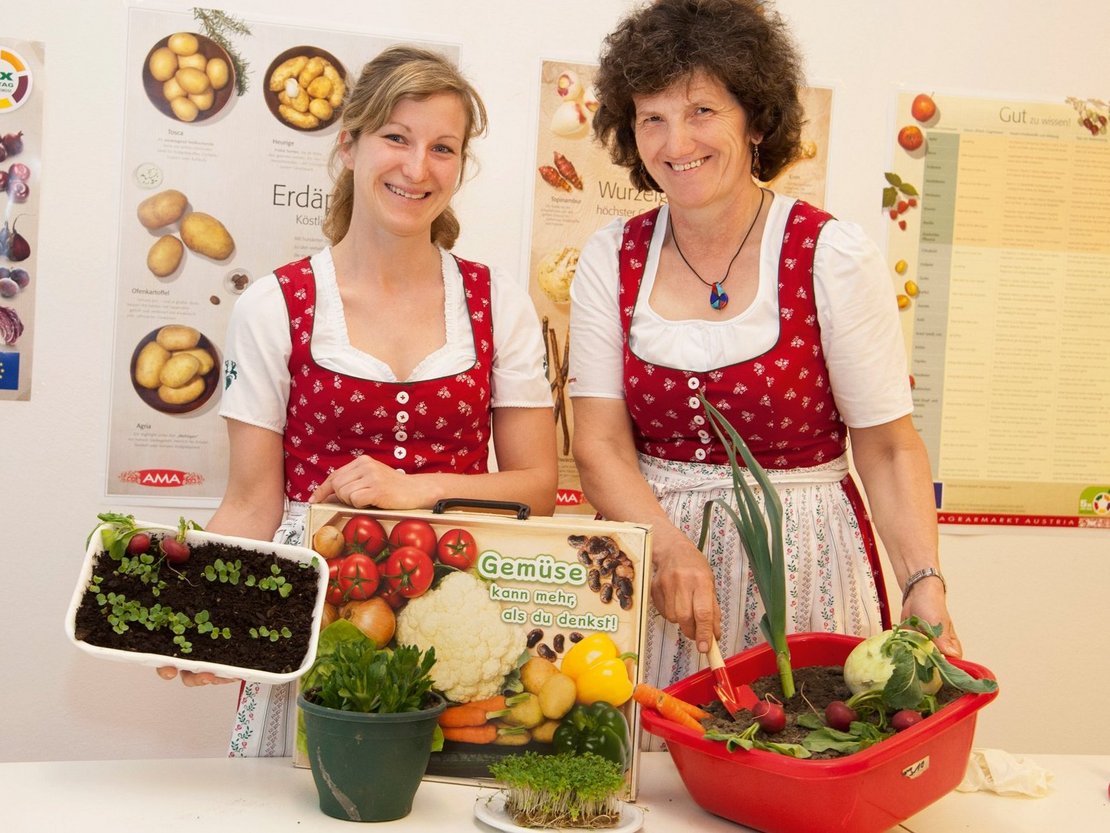 Bäuerinnen mit Lebensmittelkorb