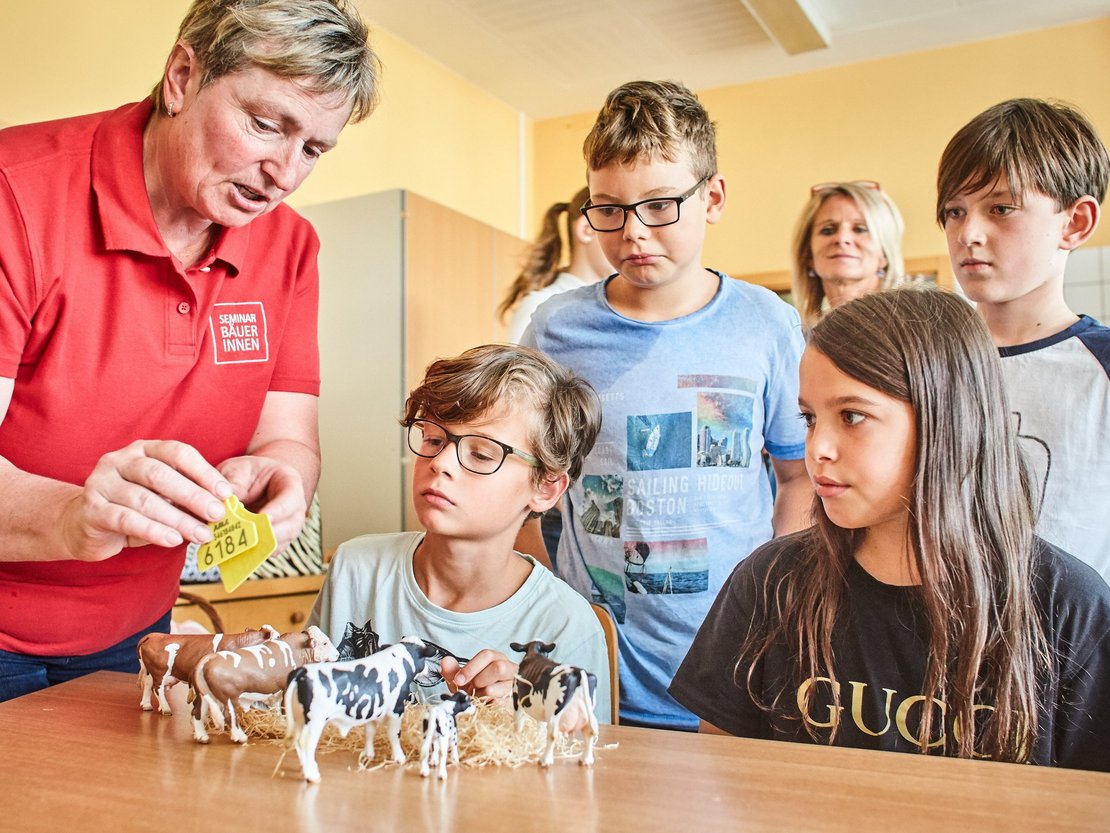 Bäuerin erklärt mit Spielzeugtieren - wie Tiere am Bauernhof leben